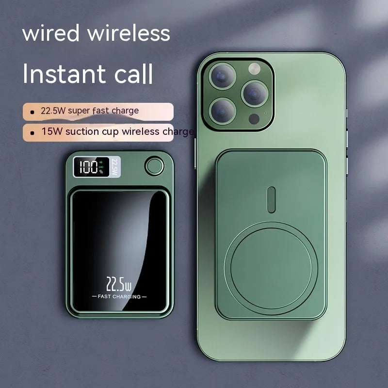 Wireless MagSafe power bank in black, showing industrial style plastic shell and compact rectangular shape.