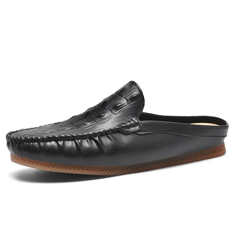 Men's black summer semi-slippers with artificial PU upper and rubber sole, breathable design