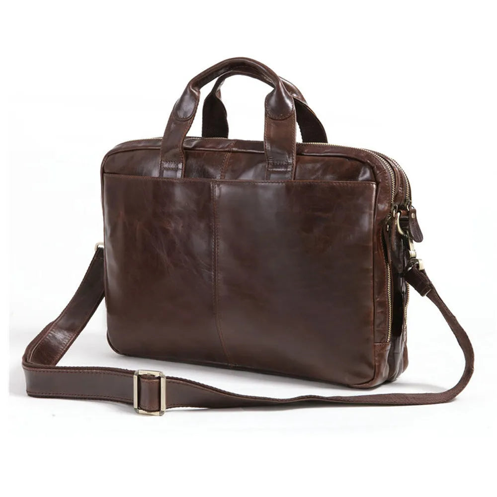 Brown first layer cowhide business briefcase with leather pattern and polyester cotton lining