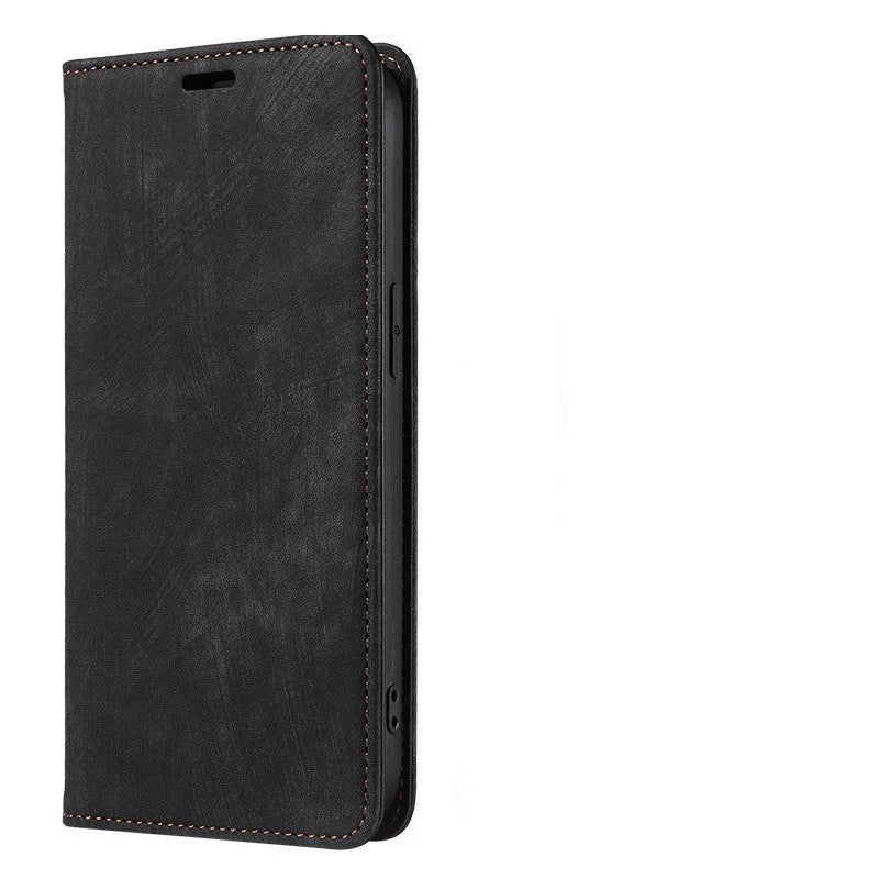 Magnetic flip phone case in grey showing interior card slots, compatible with various iPhone models.