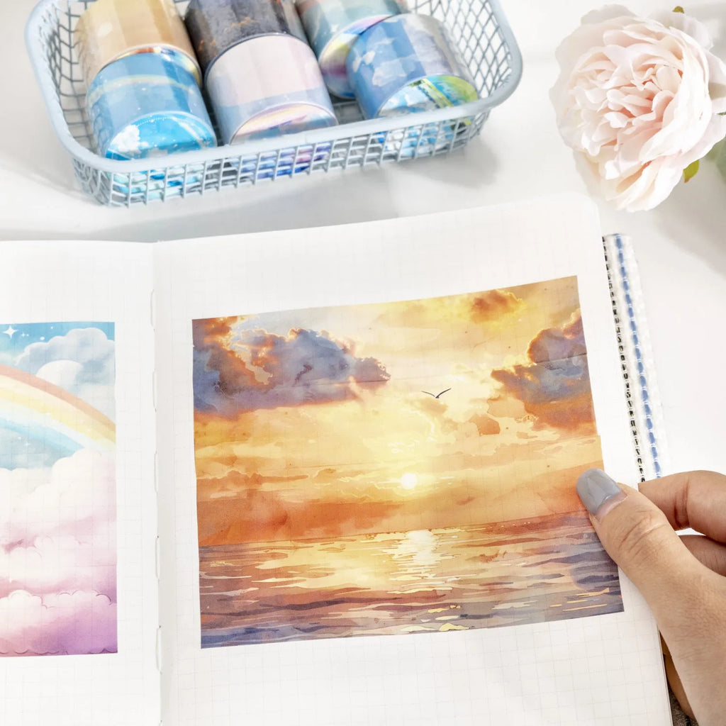 Japanese paper sky theme decorative washi tape roll showing colourful clouds design on 30mm width tape