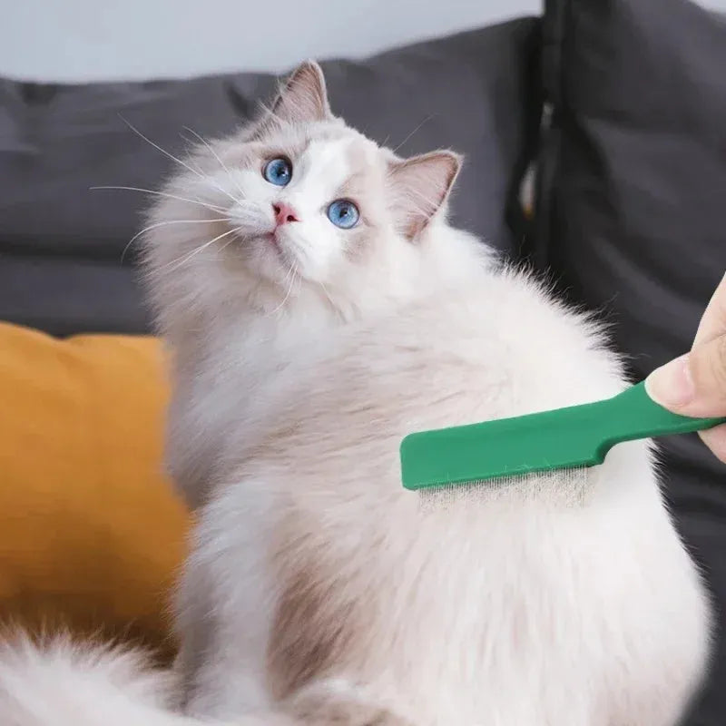 Green plastic handle stainless steel pin pet flea comb for dogs and cats on a white background.