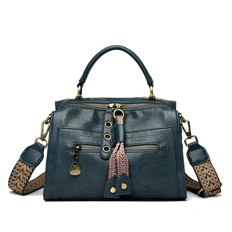 Women's retro style crossbody bag in soft PU leather with sandwich pocket, shown in six colour options