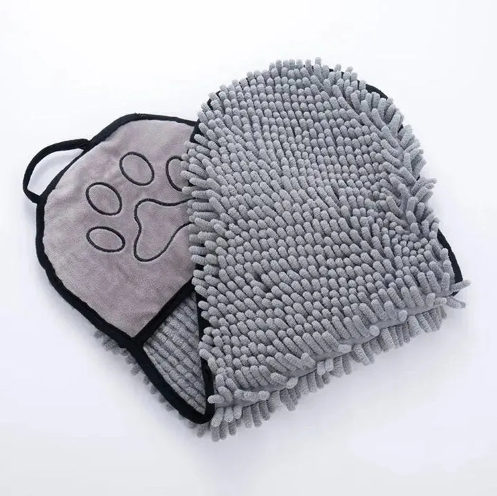 Blue microfibre pet bath towel for drying dogs and cats, showing robe-style design