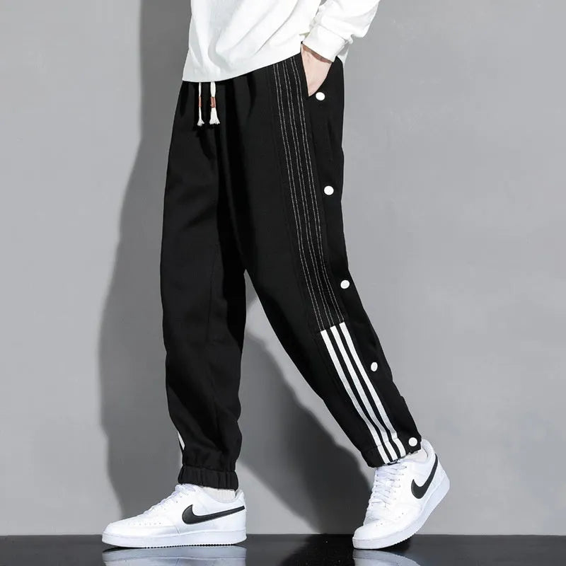 Men's loose fit cotton blend sweatpants with ankle ties and high waist elastic drawstring