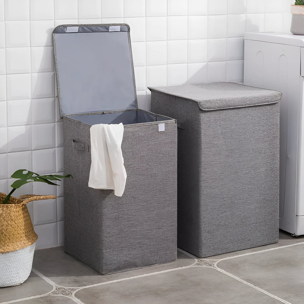 Foldable cotton and linen storage basket in three-dimensional design shown in brown colour