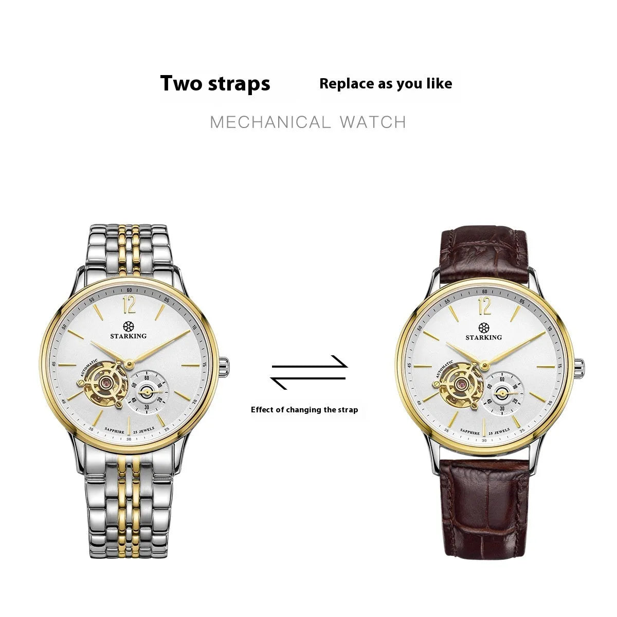 Men's stainless steel automatic watch with brown leather strap and hollow three-needle dial on white background.