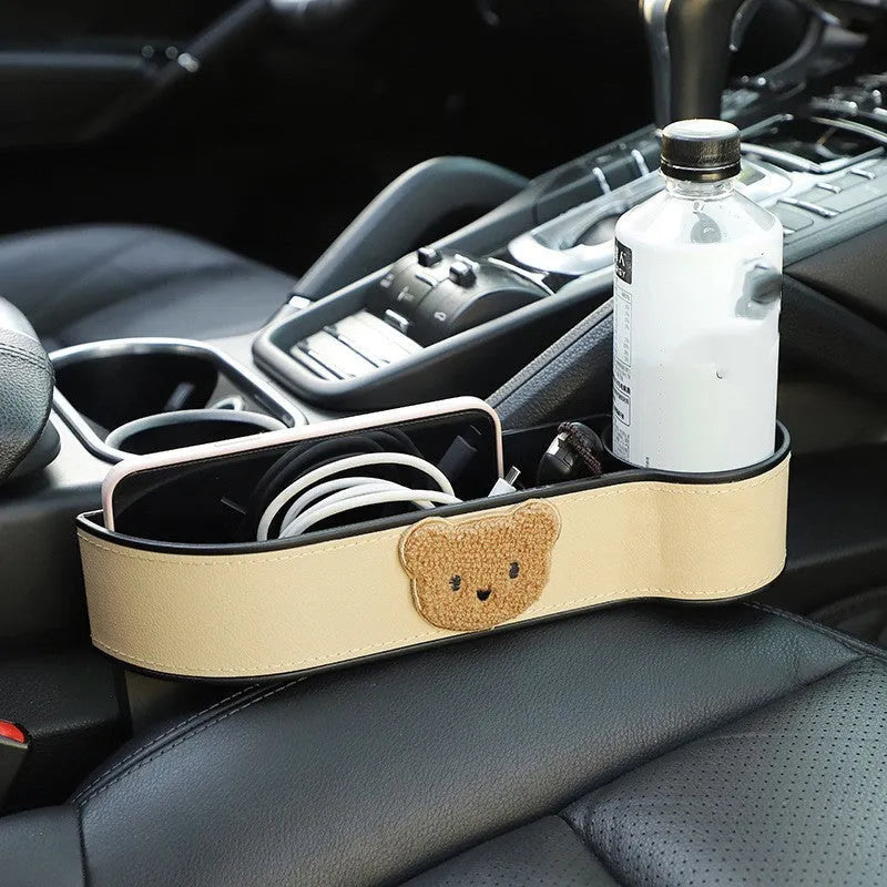 Car seat gap storage box with cartoon bear pattern for organising vehicle interior