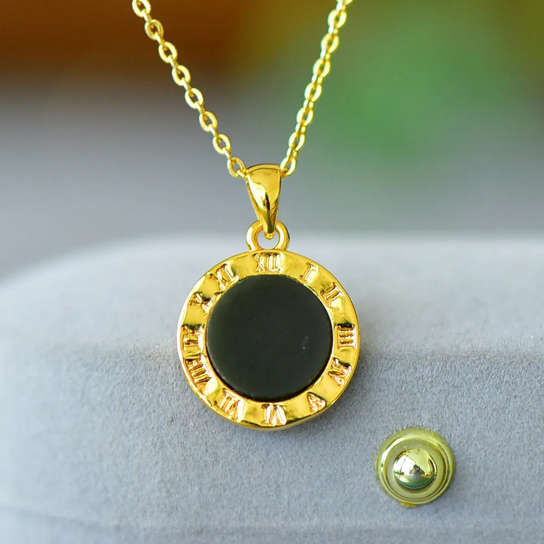 Flat polished Hetian Grey Jade pendant with copper inlay and Ink Blue Jade accents on a necklace.