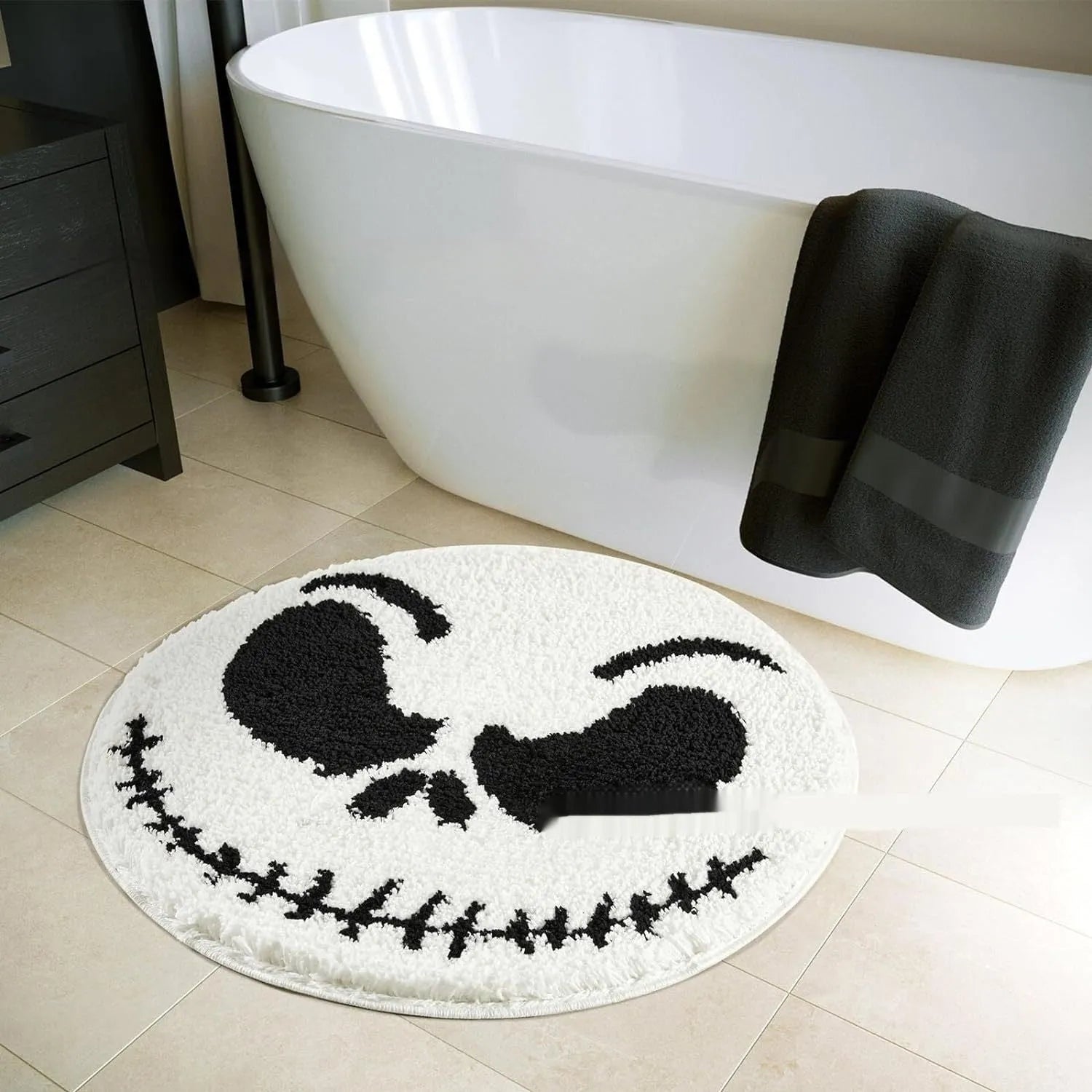 Christmas-themed printed round polyester rug on a wooden floor
