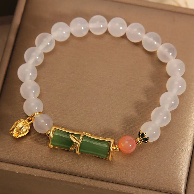 White agate jade Chinese style bamboo joint bracelet with retro luxury design for women