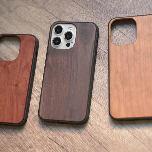 Solid wood shell phone case for iPhone 15 series with light wood finish and slim profile