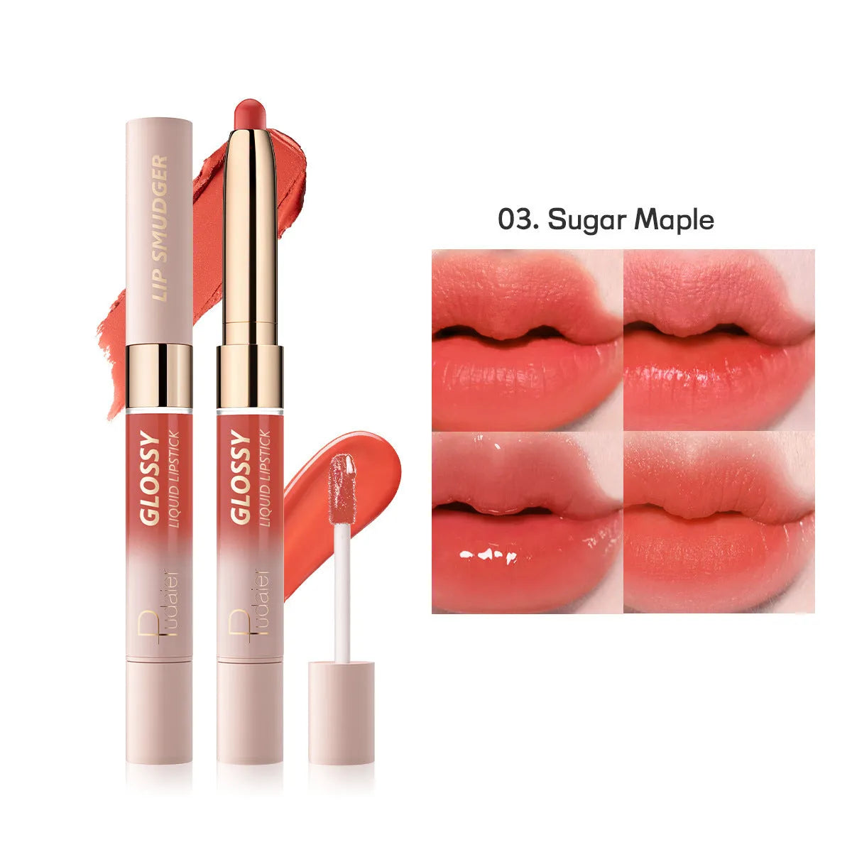 Double-headed lipstick and lip gloss product showing matte and glossy ends in one of ten available colours.