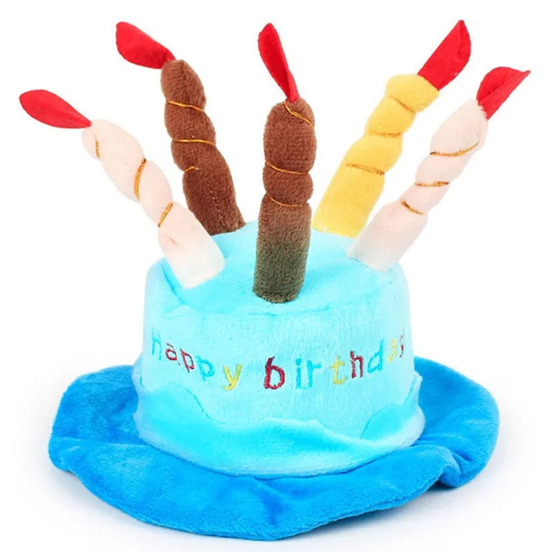 Blue and pink dog birthday hats showing 21cm by 15cm by 6.5cm dimensions