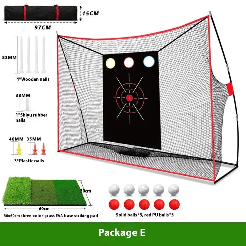 Golf wedge training net with 3-hole target and straw practice mat with accessories