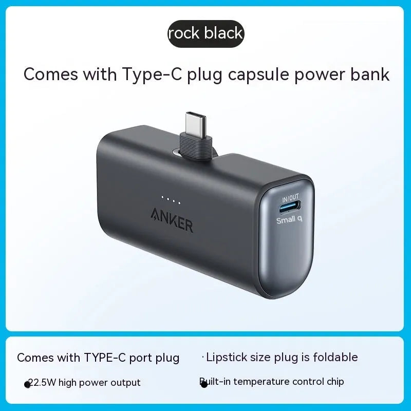 Capsule-shaped 5000mAh power bank in multiple colours showing compact 77x36x25mm size with Type C port