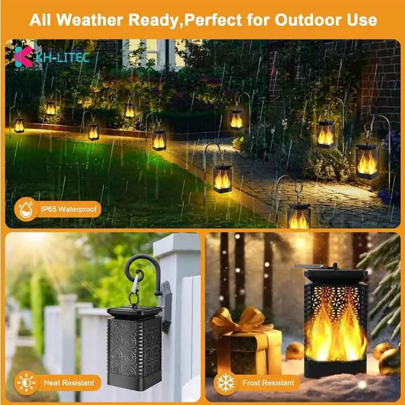 Black solar-powered hanging flame torch light for outdoor garden and patio decoration