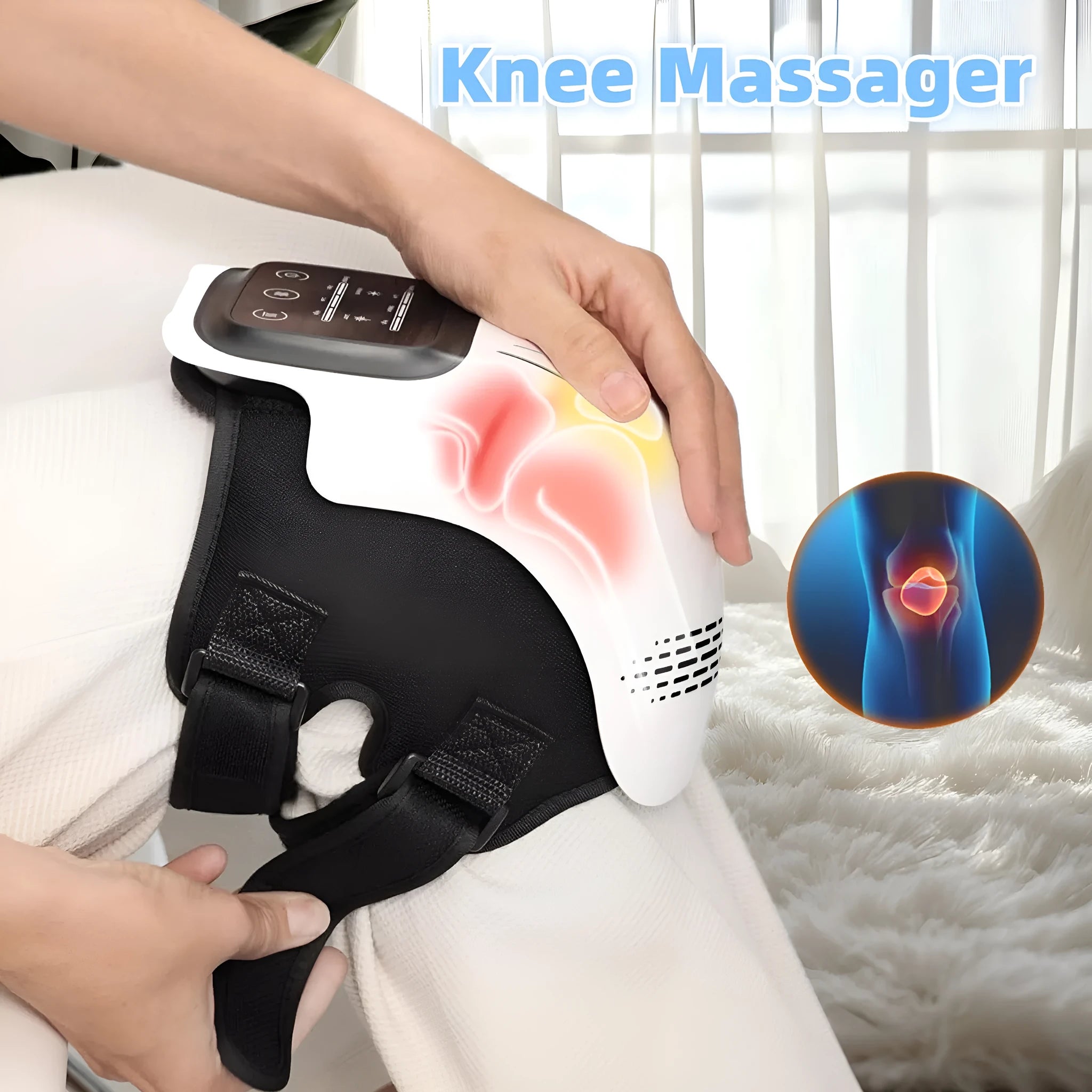 White rechargeable electric knee massager with infrared laser and heating for pain relief.
