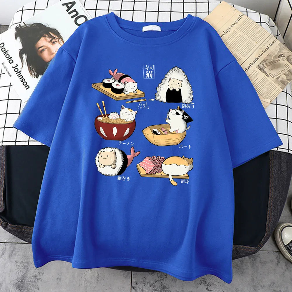 Mens black cotton t-shirt with a cartoon print of a cat dressed as sushi on a loose fit short sleeve.
