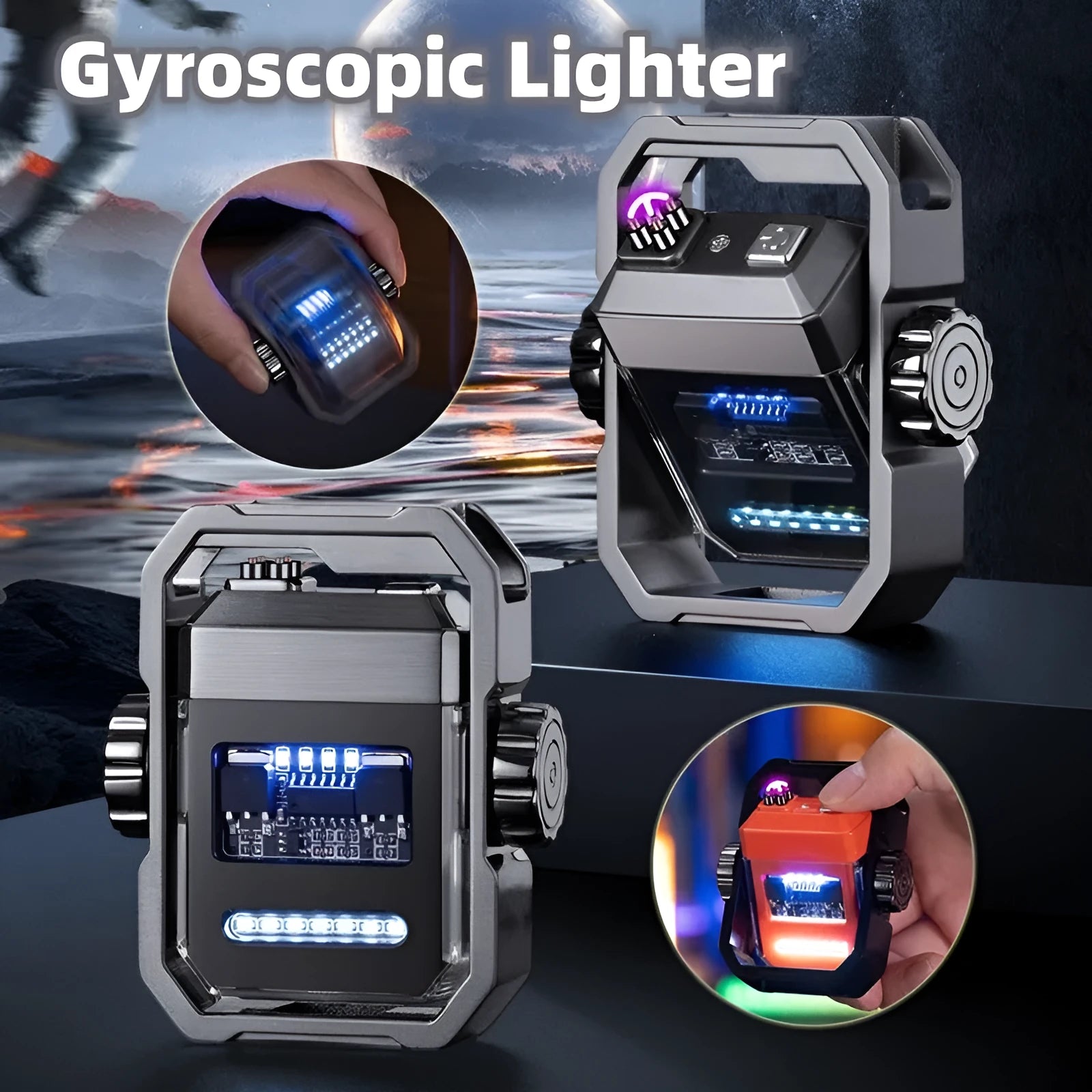 Zinc alloy windproof double arc electric lighter with folding body and rotary gyroscope in five colours blue orange black nickel