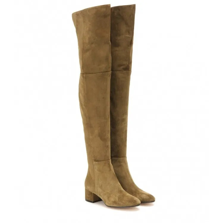 Grey suede women's flat over the knee boots with a pointed toe and thick low heel.