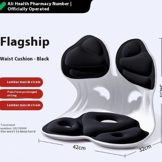 Grey and black lumbar support cushion for office chair and car seat use.