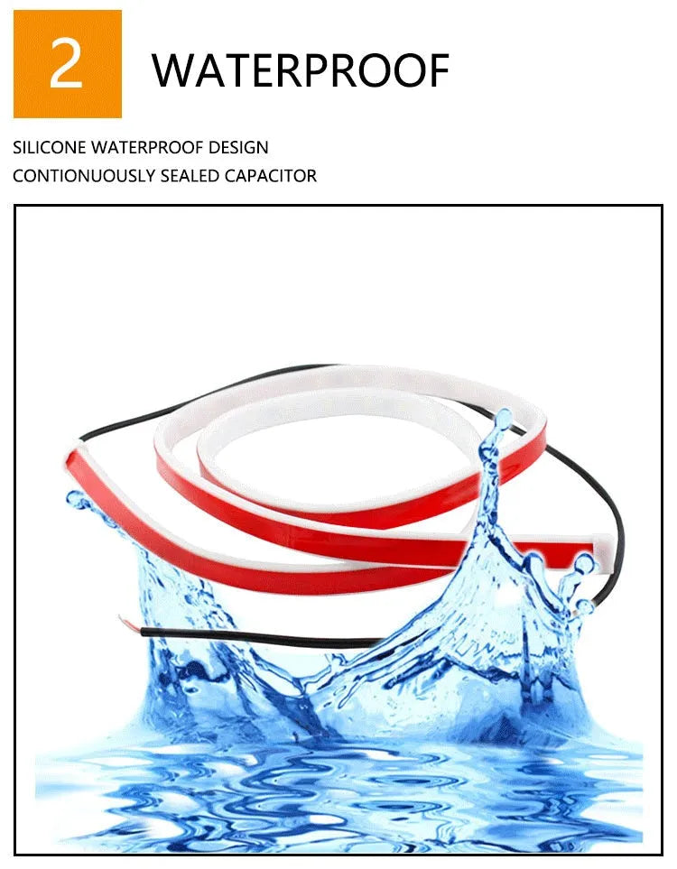 Waterproof silicone LED car door warning light strip 1.2m length red and white illumination streamer effect