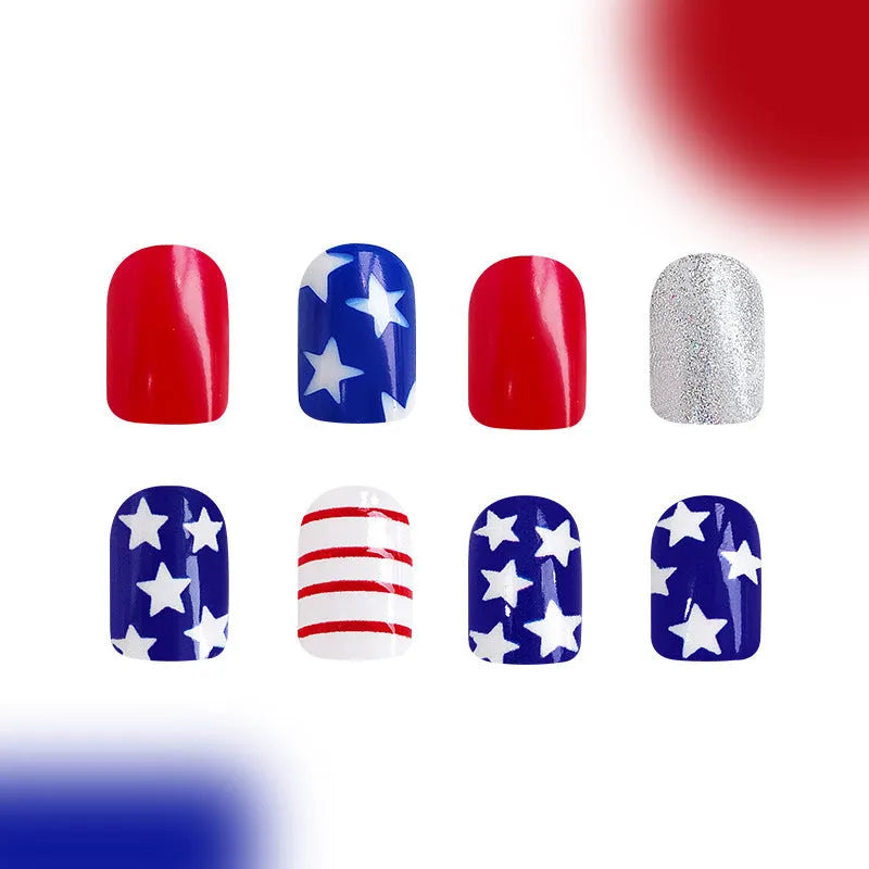 Red and blue glitter nail tips with Independence Day designs and European square styling