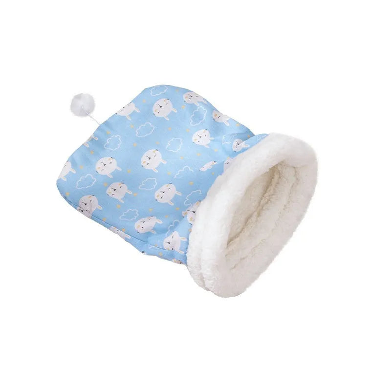 Flannel cat sleeping bag nest pet bed in pink Trojan pattern, measuring 50 by 40 centimetres.