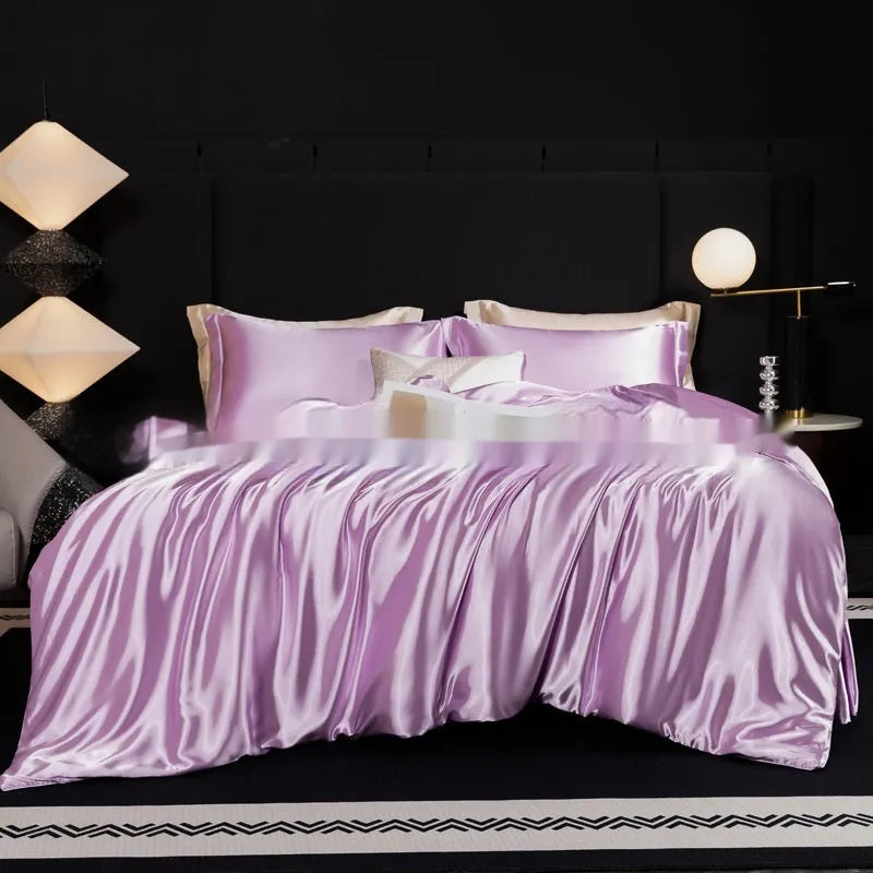 Silk bed sheet four-piece set in solid colour modern style displayed in multiple size configurations
