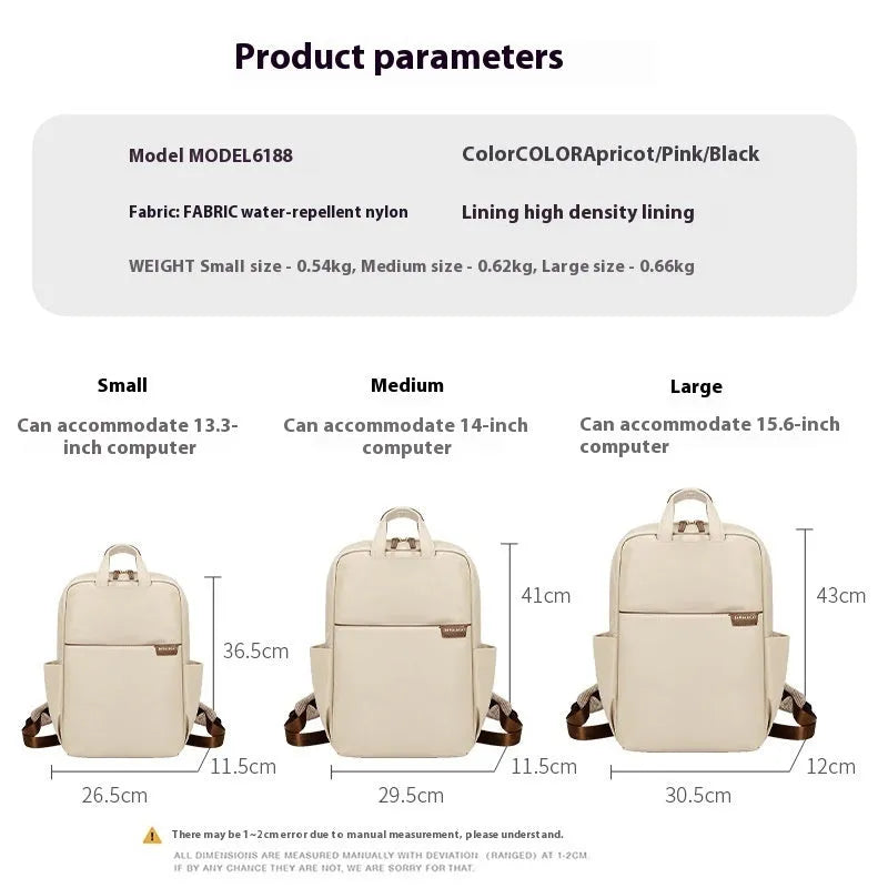 Women's nylon travel backpack showing laptop compartment and multiple internal organisers in apricot colour