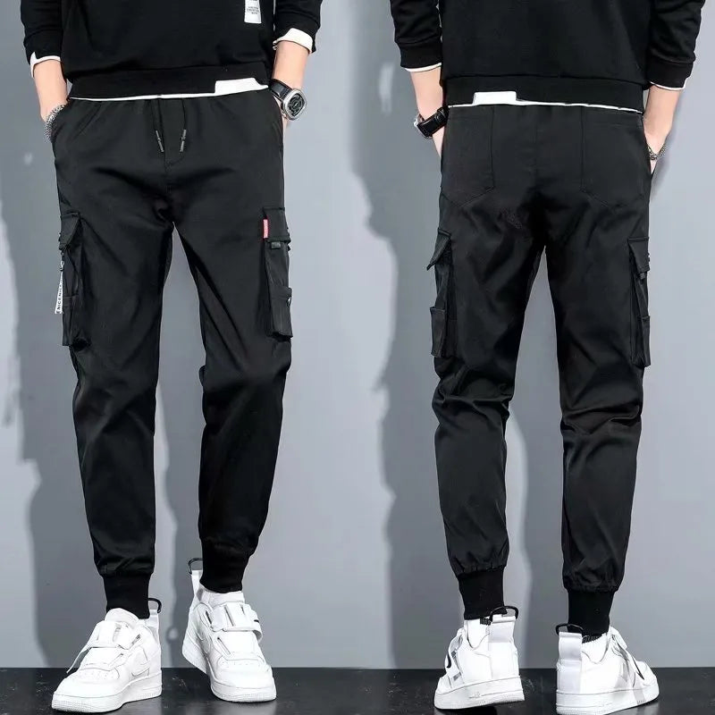 Men's ice silk casual overalls sports jumpsuit in black, dark grey, and light grey, sizes S to 5XL