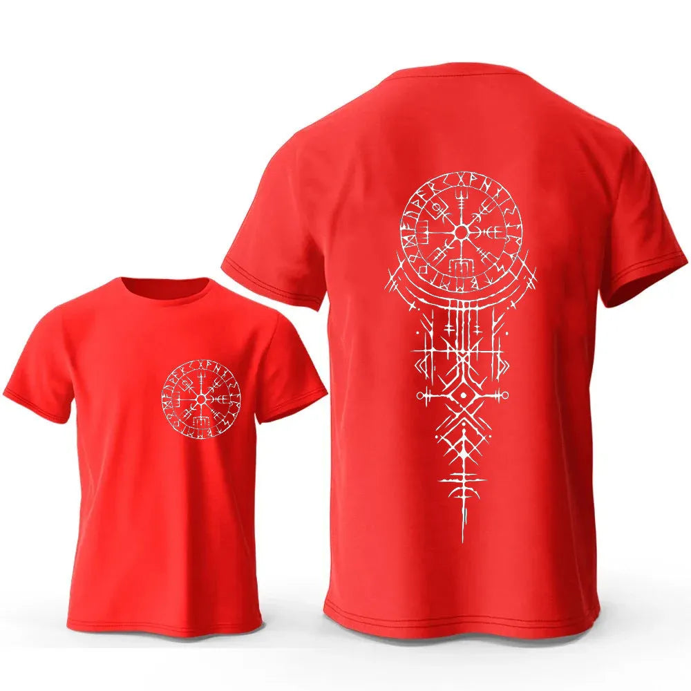 Close-up of a men's grey T-shirt featuring a detailed Viking rune compass graphic print on the chest.