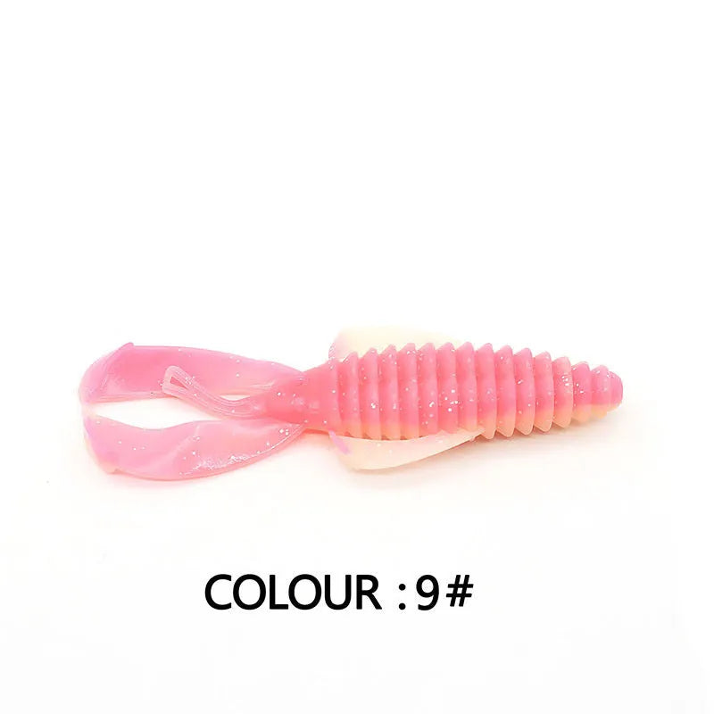 PVC fishing soft bait lure showing two size options: 8cm and 12cm versions in multiple colour patterns