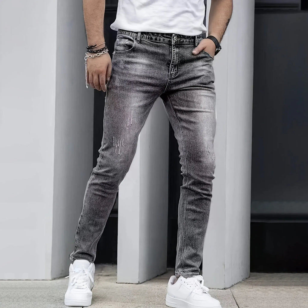 Men's stretch cotton jeans in straight leg cut available in black, dark blue and grey colours