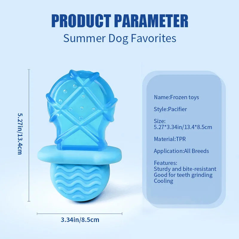 Set of three water-filled dog cooling toys in pacifier, popsicle and ring shapes