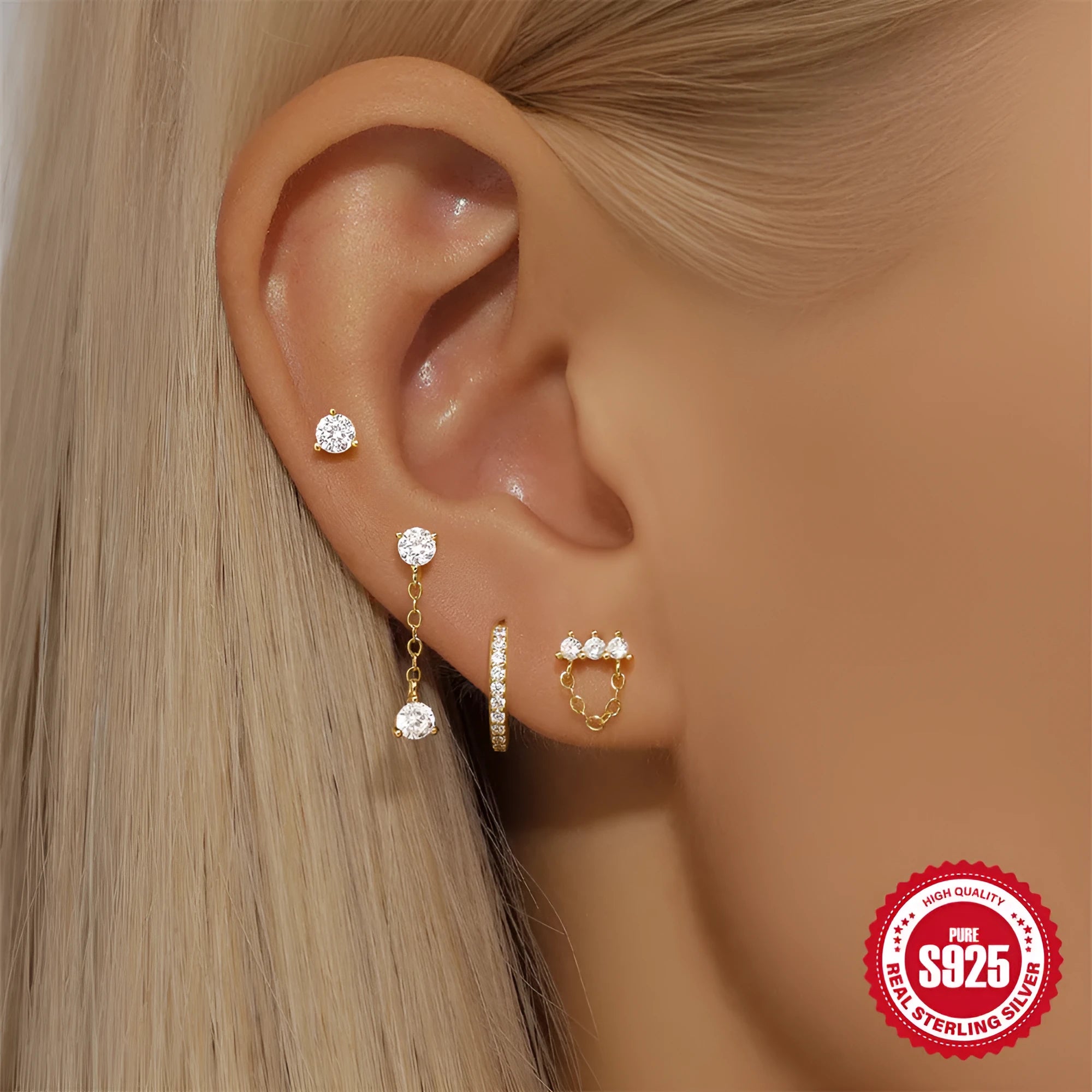Sterling silver geometric clover petal earrings with electroplated gold finish for women
