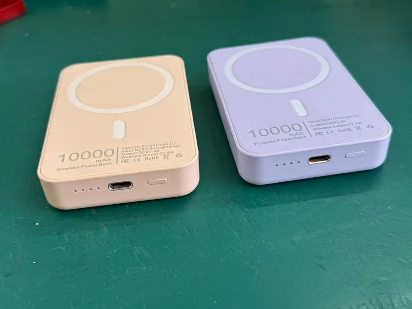 Portable magnetic wireless charger in white with 5000mAh capacity showing compact dimensions