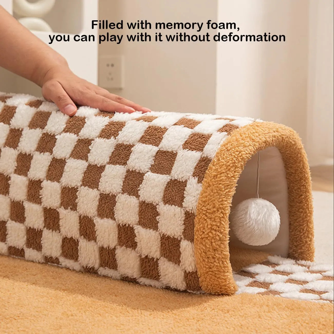 XL fan-shaped plush pet bed tunnel with a plaid pattern, shown in coffee colour.
