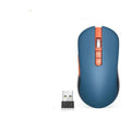 White wireless computer mouse with seven buttons on a desk, showing the USB receiver and voice transcription icon on screen.