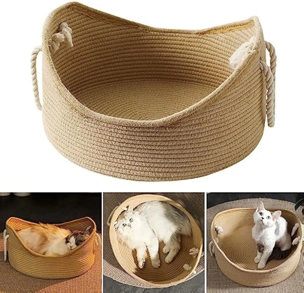 Woven rattan cat bed basket with corrugated scratching board in two size options