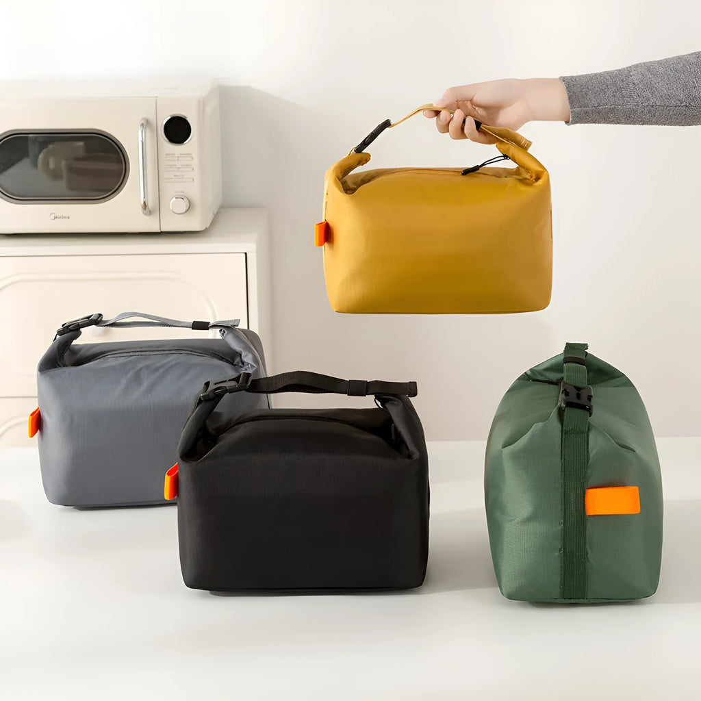 Army Green Japanese-style insulated lunch bag with a wide top opening on a grey background.