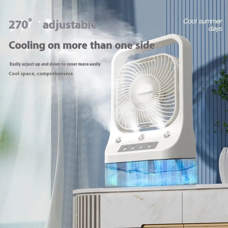 White USB rechargeable water-cooled air cooler fan with adjustable head on a table.