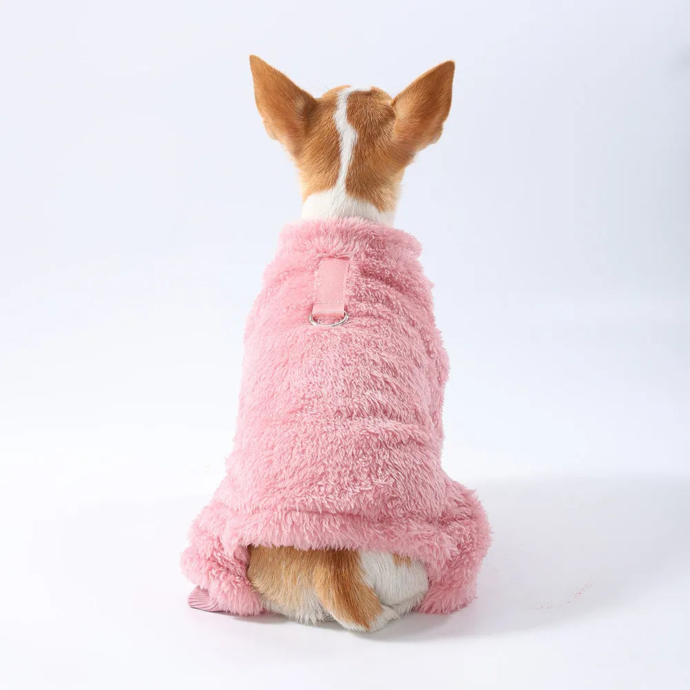 Polyester solid colour pet jacket with fur trim in gray, front view, size M