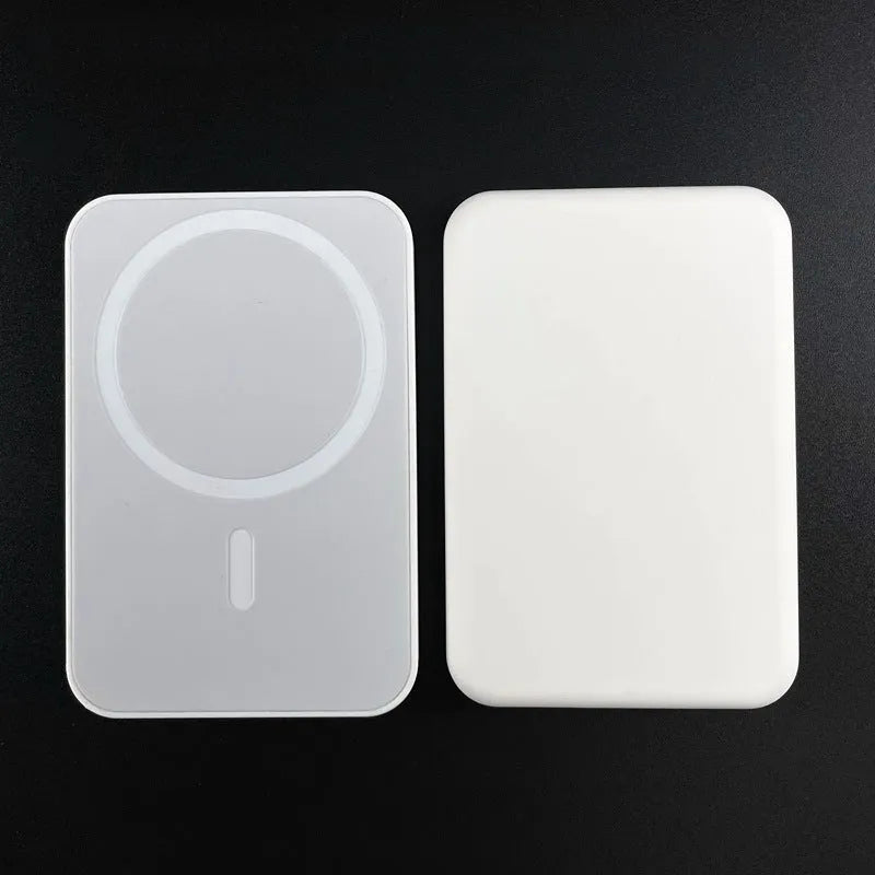 Portable magnetic wireless charger in white with 5000mAh capacity showing compact dimensions
