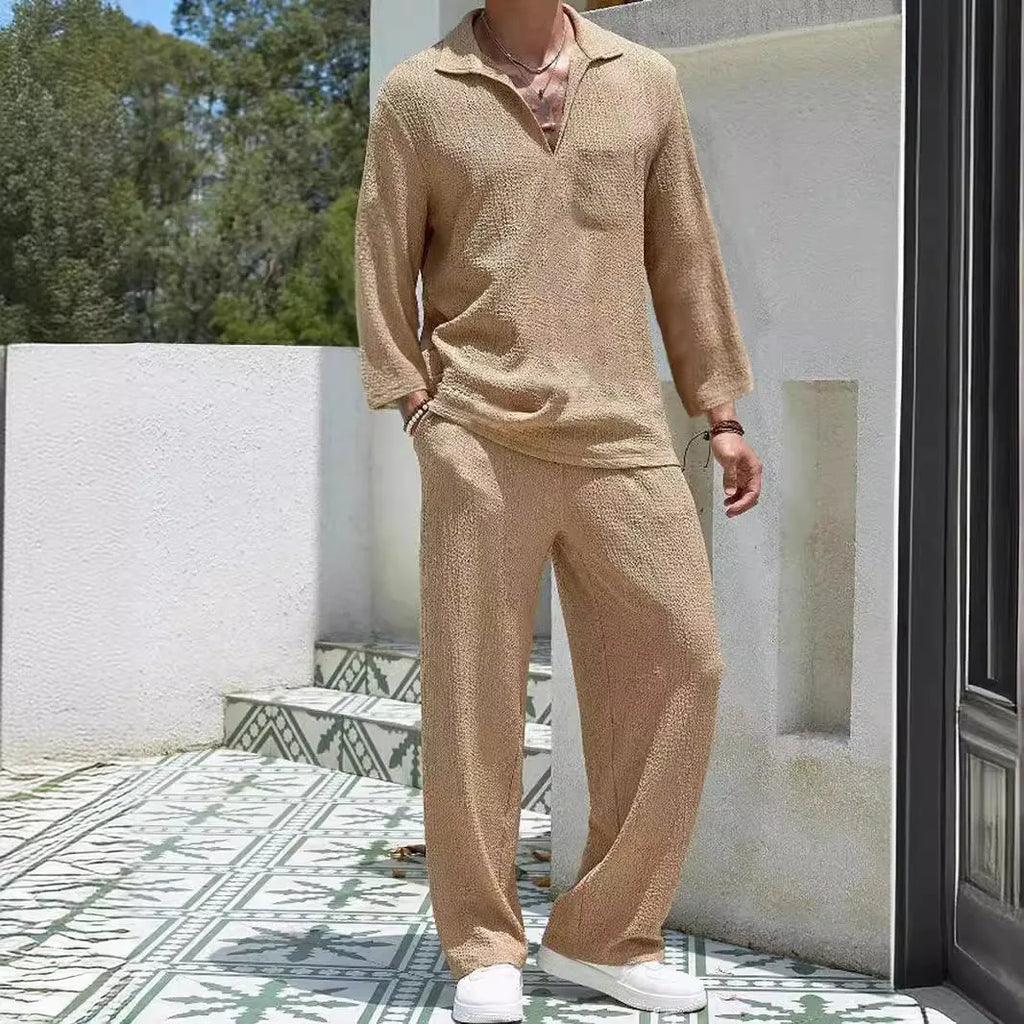 Men's casual shirt trousers suit in polyester, shown in lake blue, with shirt-style jacket and matching trousers.