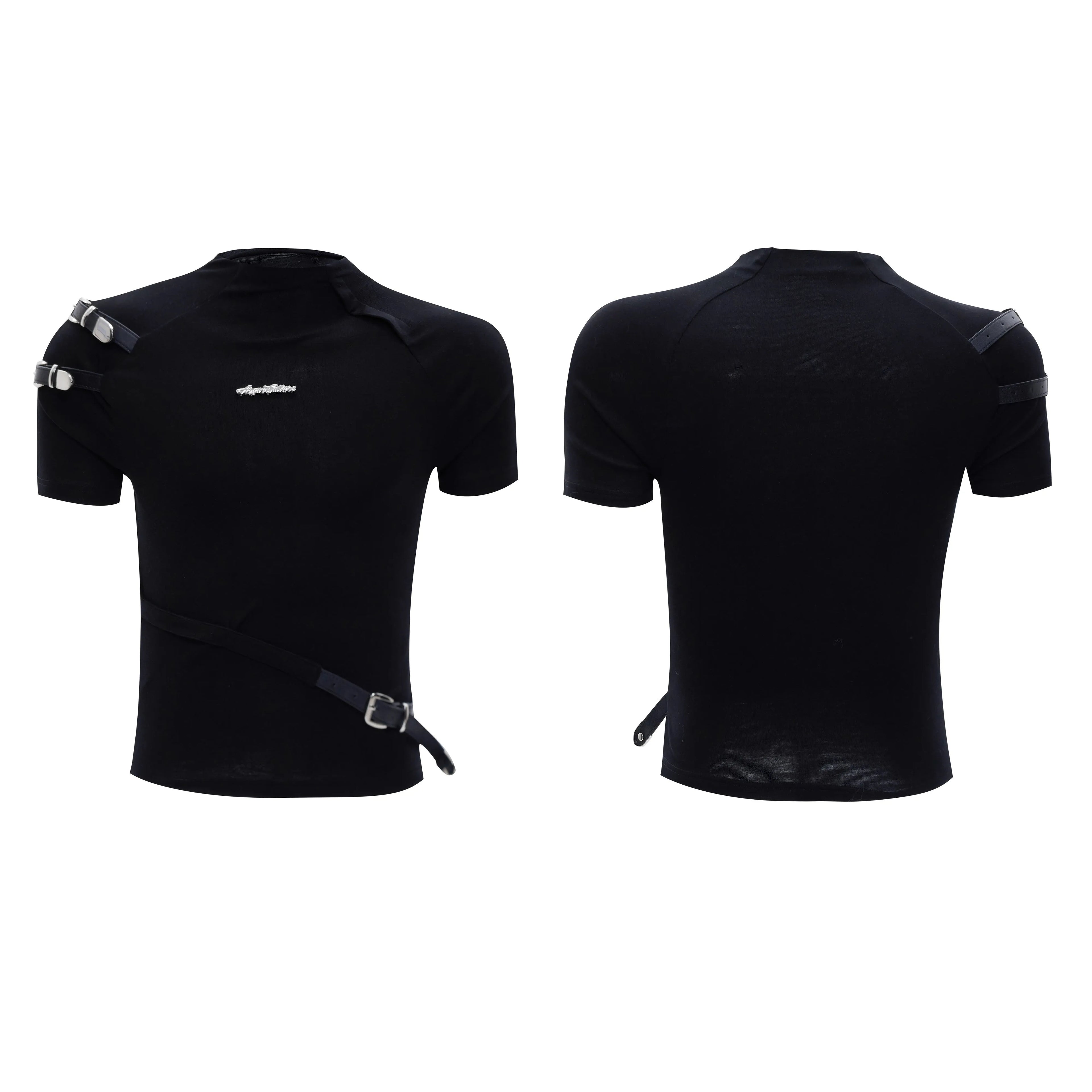 Men's slim fit cotton T-shirt with small stand-up collar and short sleeves in black colour