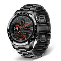 Stainless steel smart watch with black band and 1.3-inch touch screen display