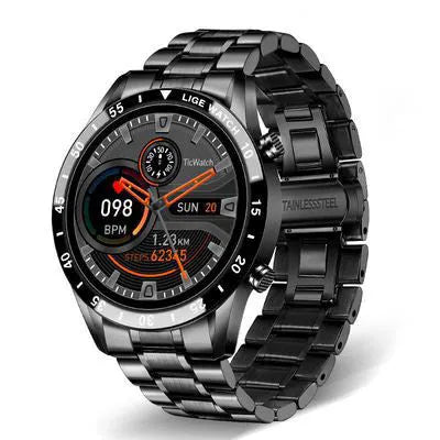 Stainless steel smart watch with black band and 1.3-inch touch screen display