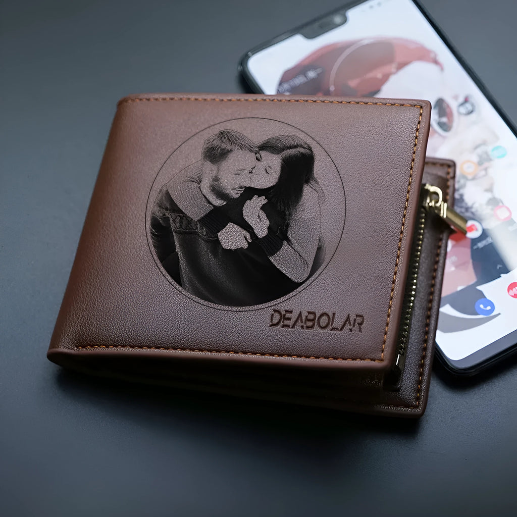 Men's leather wallet with zipper closure, individually packaged for gifting